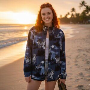 ZooFleece Blue Wolf Jacket Wolves Howling Moon Unisex Sweater S-3X